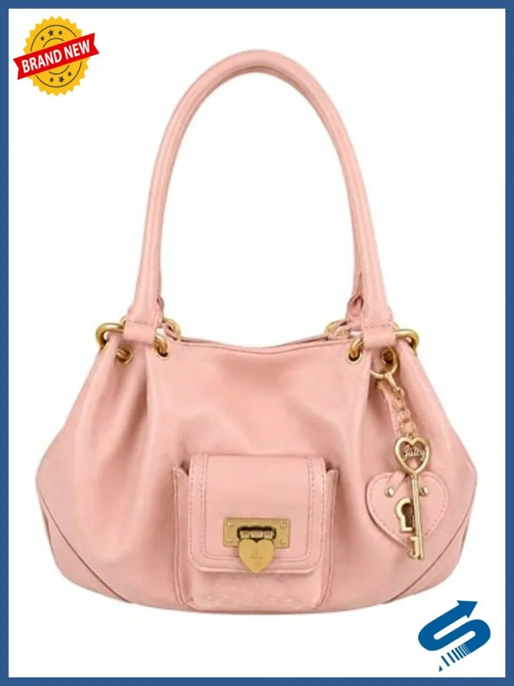 Satchel Bag with Heart Lock Pocket & Key Charm Accent, Faux Leather Shoulder